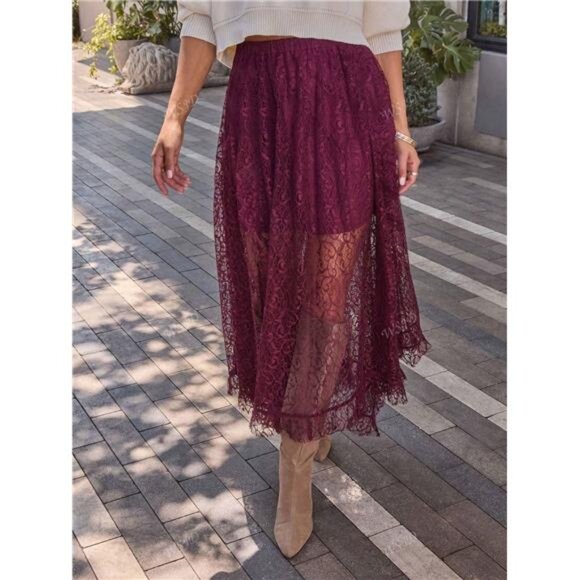 1pc Solid Color Casual Elegant Lace Skirt, Suitable For Dates, Beach, Country - Picture 2 of 6